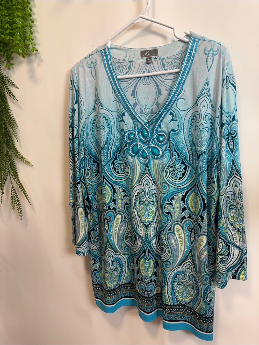 JM Collection Teal Aqua Paisley Beaded V-Neck Tunic